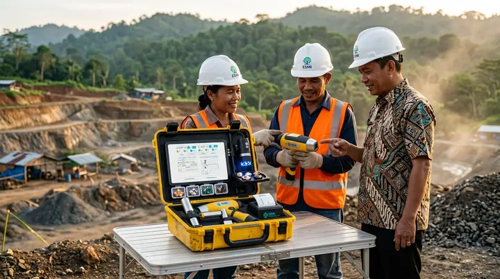 People in white ESMI hard hats and orange vests, and an inspector in batik, gather around an open yellow ESMI case on a field table at a mine site, looking at results on a tablet.