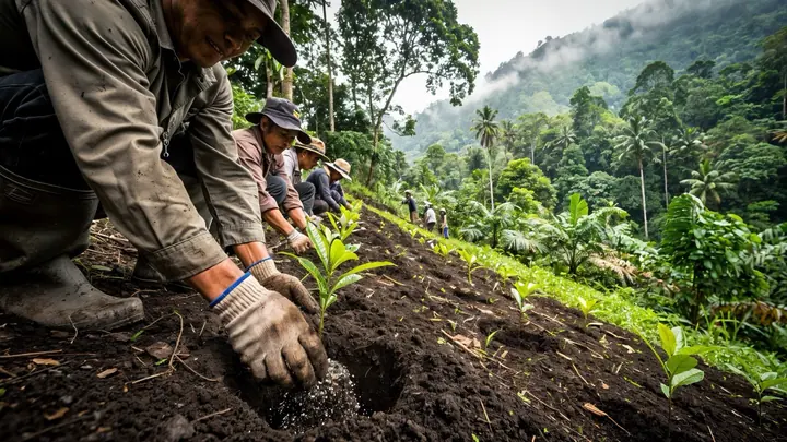 Hands planting a young tree seedling in dark soil, with forested hills behind.