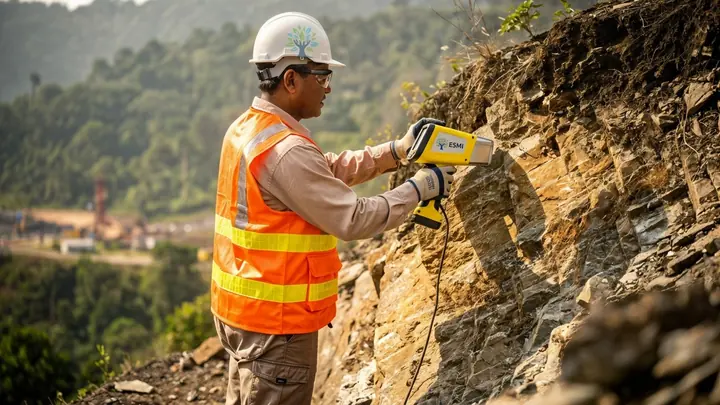 A worker in orange safety clothing and a helmet holds the yellow ESMI XRF analyser against a rock face.