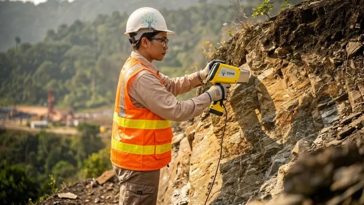 An Indonesian woman in orange safety clothing and a helmet measures a rock face with the yellow ESMI XRF analyser.