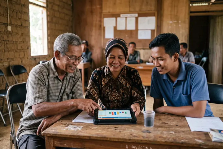 A cooperative meeting in a village hall, looking at results on a tablet with a sample cup on the table.