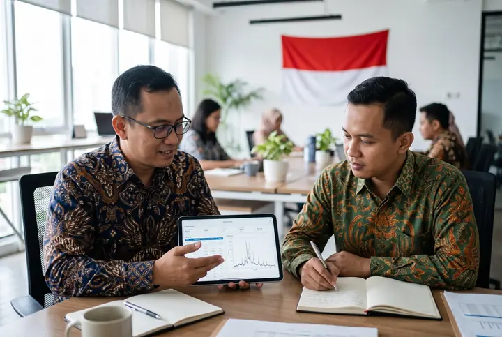 Two government officers in batik reviewing a report on a tablet, with the Indonesian flag behind them.