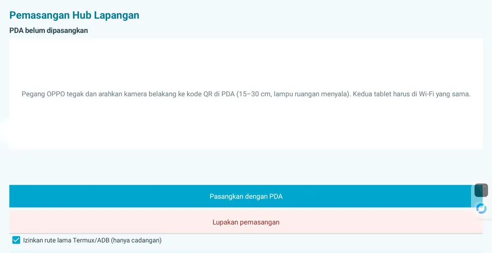 Pasangkan dengan tablet pemindai. Pegang tablet lapangan tegak, arahkan kamera belakangnya ke kode QR di tablet pemindai. Keduanya di Wi-Fi yang sama.