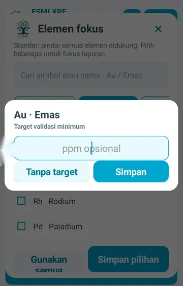 Tetapkan target, jika Anda mau. Untuk sebuah unsur, masukkan jumlah yang ingin dicapai dalam ppm, atau pilih Tanpa target.