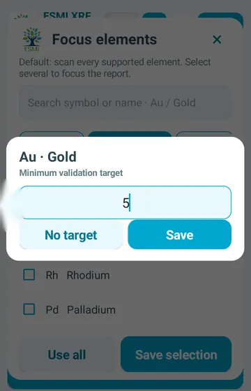 Type the target. Here, 5 ppm for gold. Save keeps it with the plan.