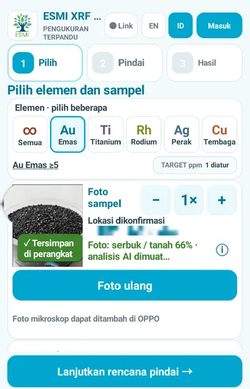 Foto sampel. Ambil foto. Foto tersimpan di tablet, dan aplikasi menyebut seberapa cocok foto itu dengan jenis sampel.