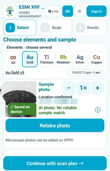 Continue with the scan plan. With elements, photo and material set, move on to the scan step.