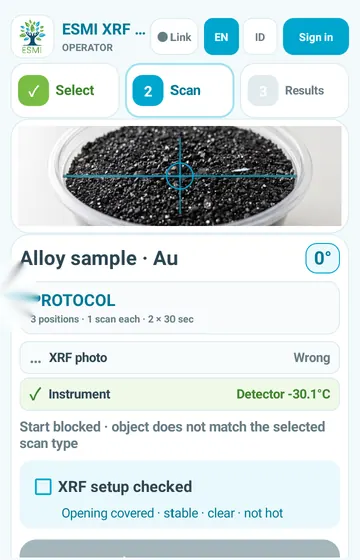 Start is blocked, and says why. Detector temperature, camera photo and object checks are listed. Here, the object does not match the scan type.