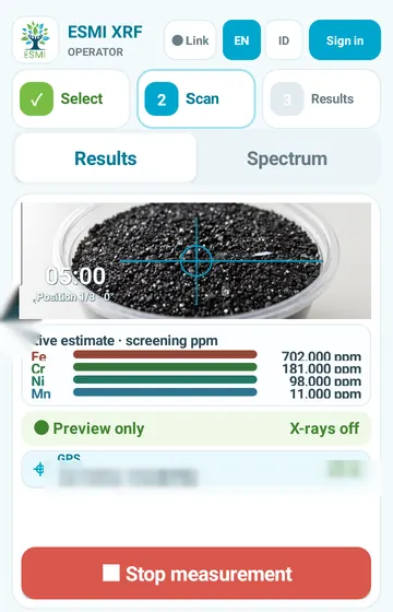 The scan screen. Position 1 of 3 at 0°, a timer and an area for the live estimate.