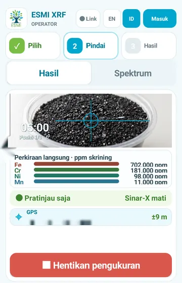 Layar pindai. Posisi 1 dari 3 pada 0°, pewaktu, dan area untuk perkiraan langsung.