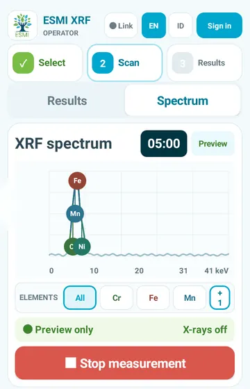 Signal view. The Spectrum tab draws the signal as it builds, with element buttons to switch markers on and off.