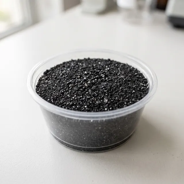 A clear cup of black concentrate powder on a white bench.
